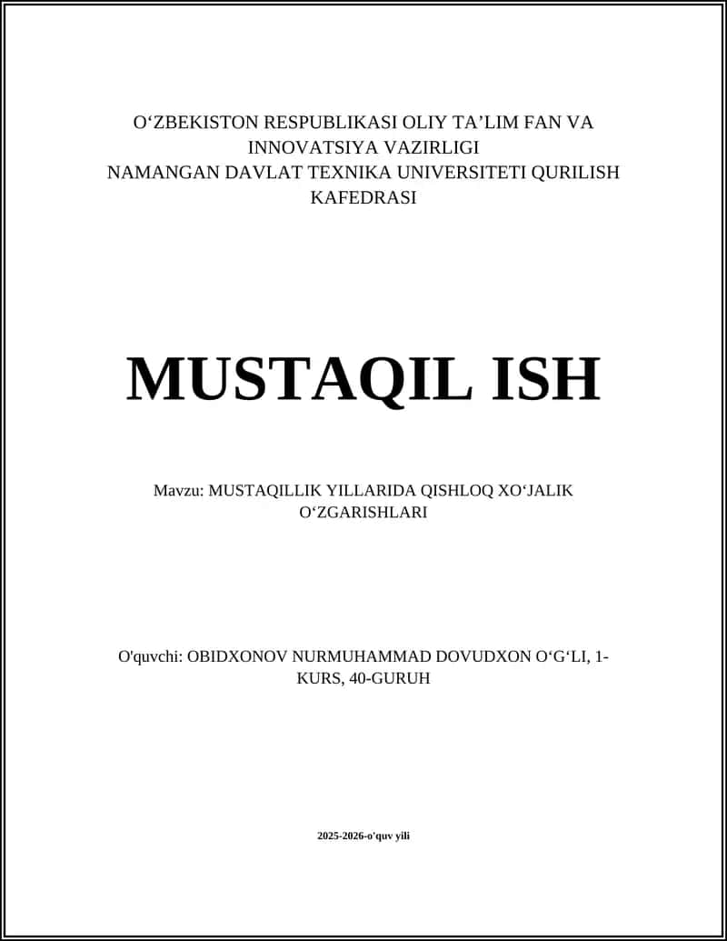 MUSTAQILLIK YILLARIDA QISHLOQ XOʻJALIK OʻZGARISHLARI 1