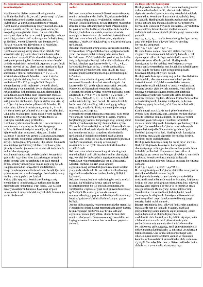 Kombinatorikaning asosiy elementlari. Asosiy kombinatsiyalar 1