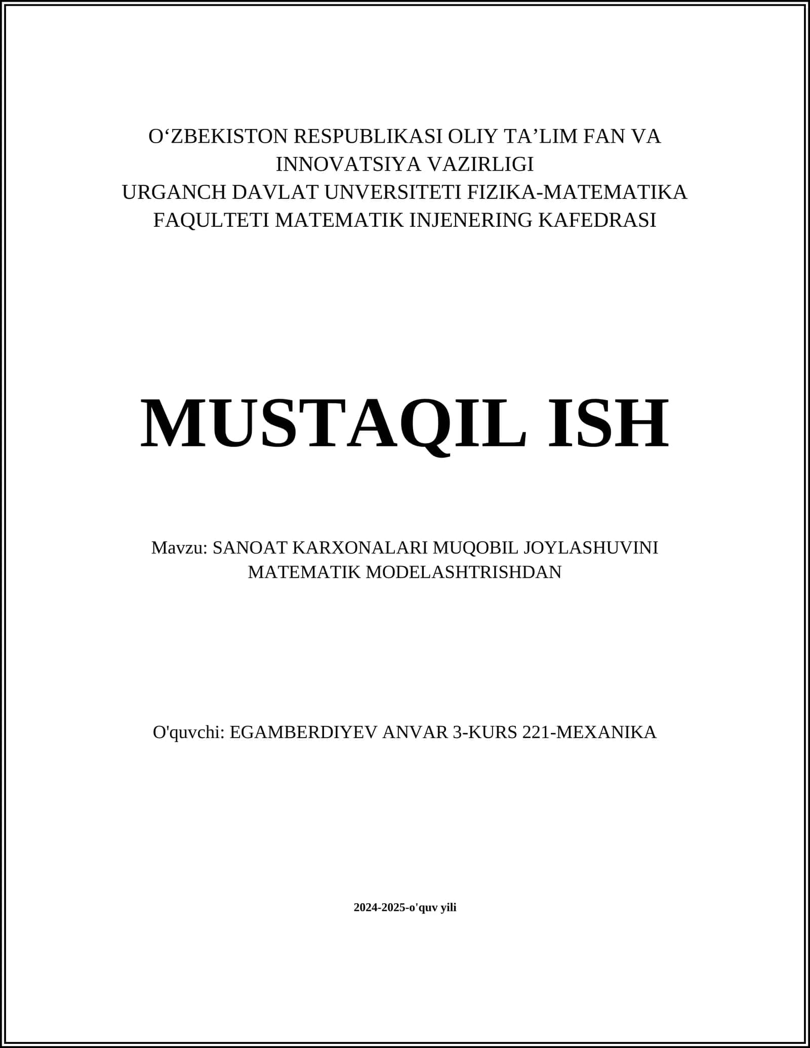 SANOAT KARXONALARI MUQOBIL JOYLASHUVINI MATEMATIK MODELASHTRISHDAN 1
