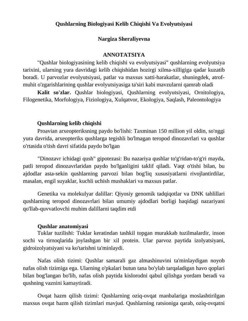 Qushlarning Biologiyasi Kelib Chiqishi Va Evolyutsiyasi 1