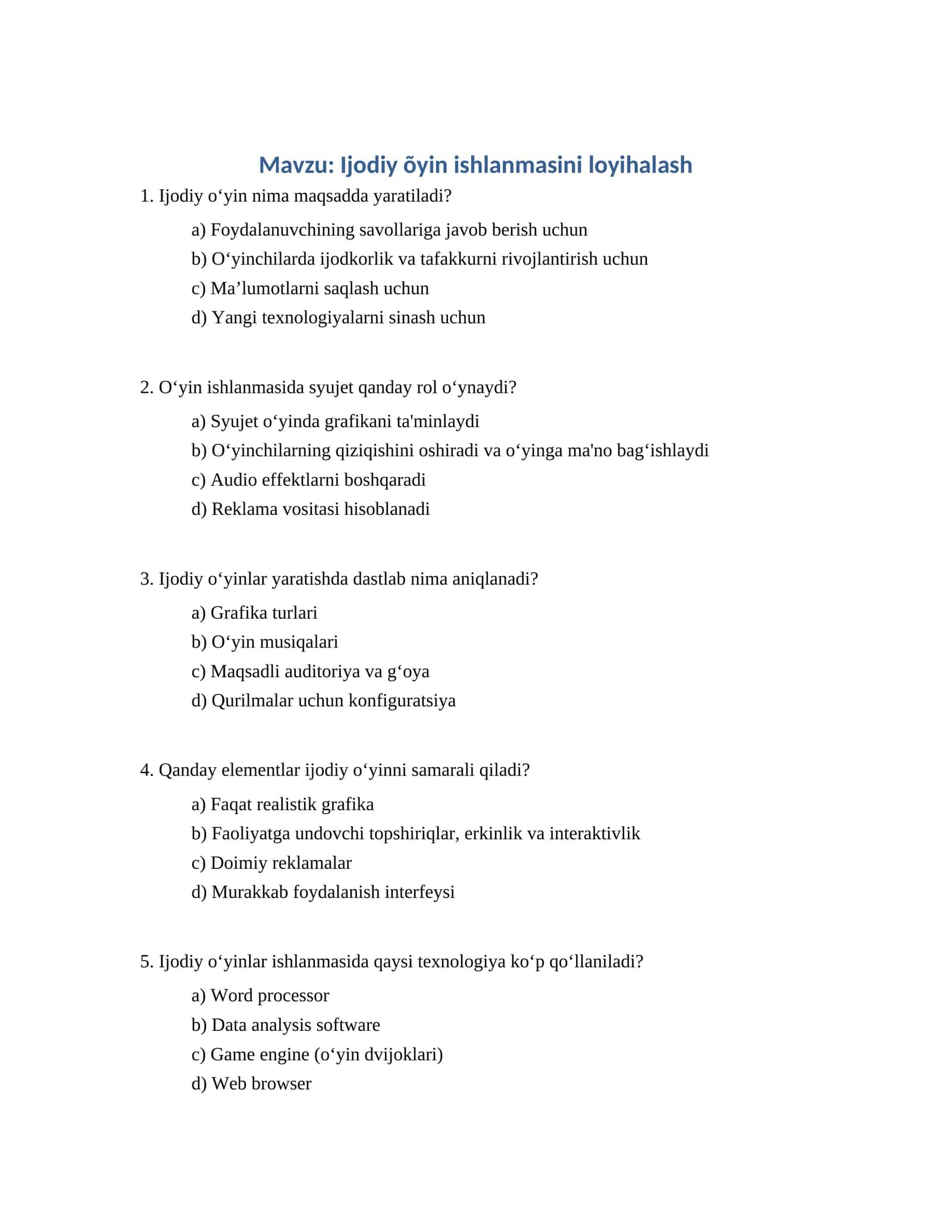 Ijodiy õyin ishlanmasini loyihalash 1