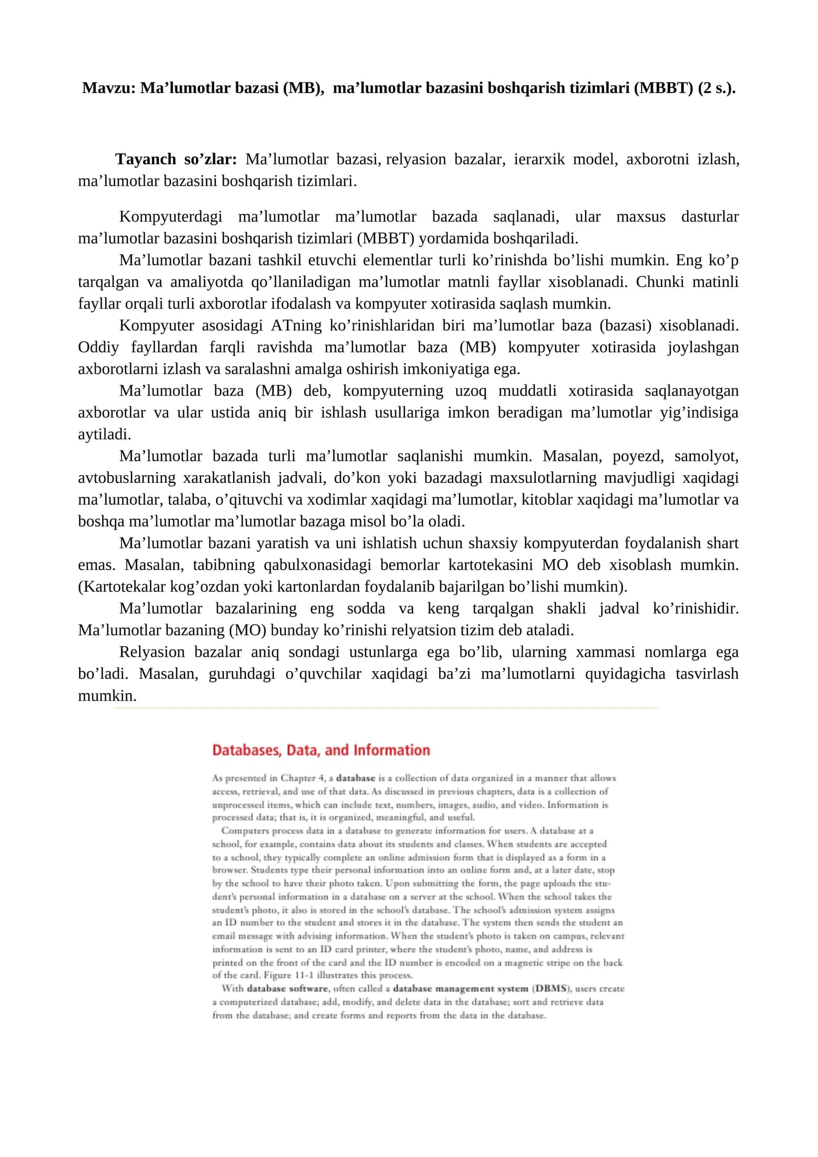Ma’lumotlar bazasi (MB), ma’lumotlar bazasini boshqarish tizimlari (MBBT) (2 s.) 1