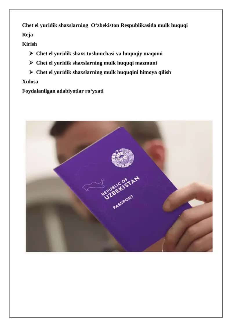Chet el yuridik shaxslarning O‘zbekiston Respublikasida mulk huquqi 1