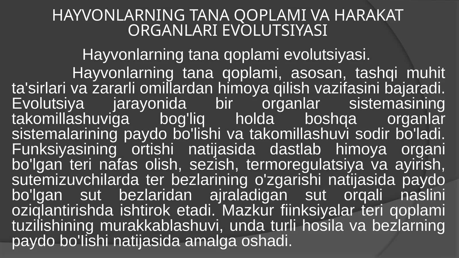 HAYVONLARNING TANA QOPLAMI VA HARAKATORGANLARI EVOLUTSIYASI 1