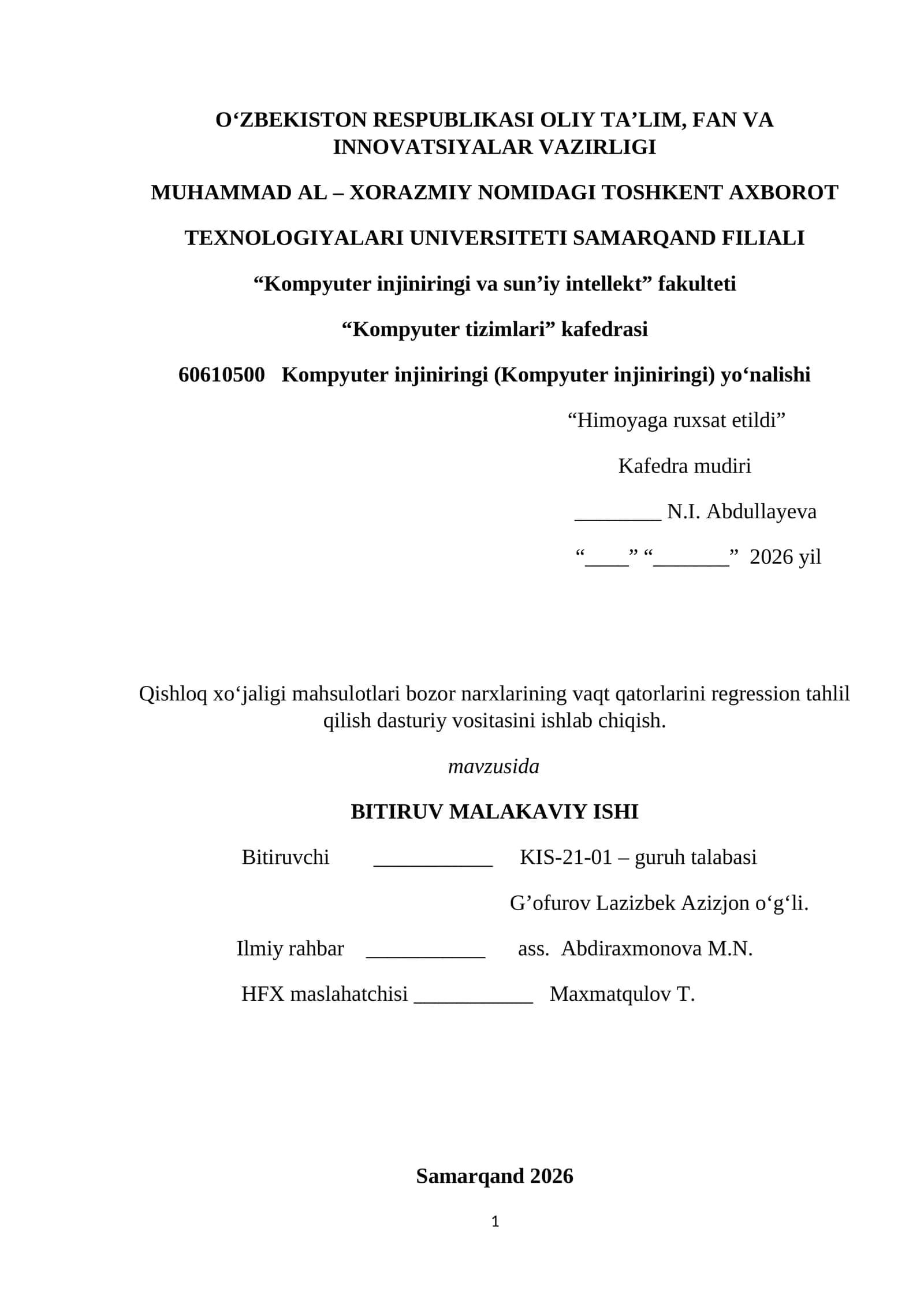 Qishloq xo‘jaligi mahsulotlari bozor narxlarining vaqt qatorlarini regression tahlil qilish dasturiy vositasi web ilovasi bilan 1