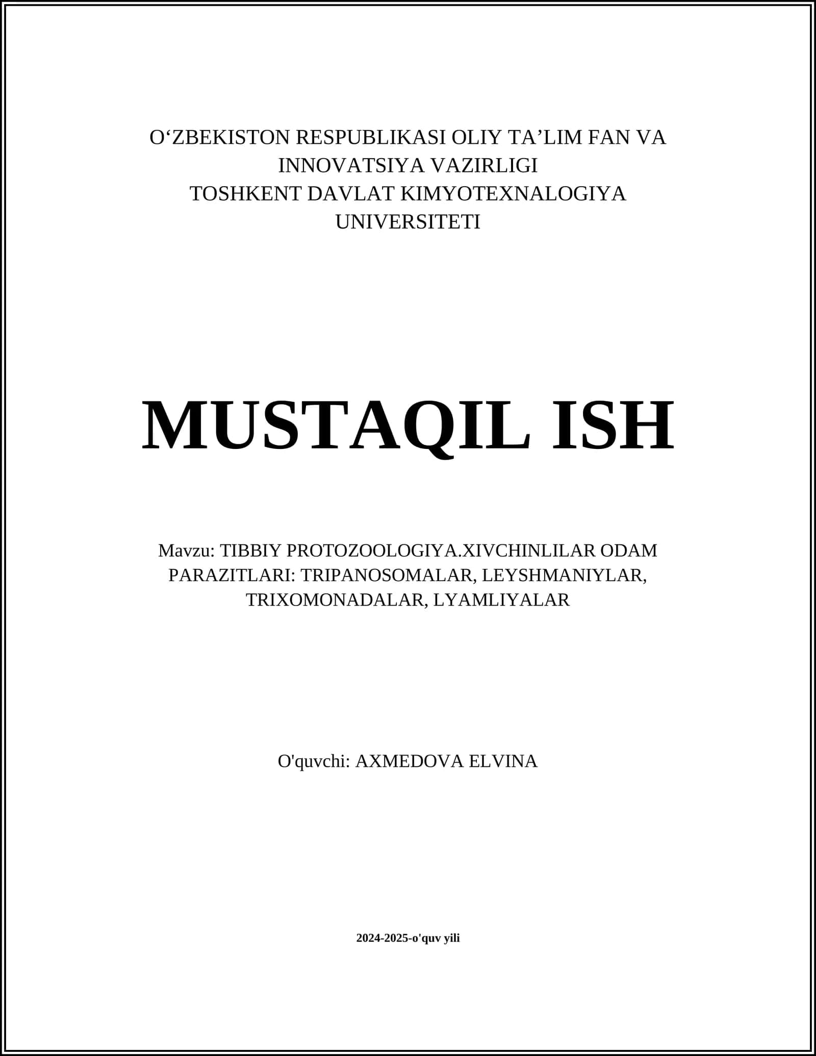 TIBBIY PROTOZOOLOGIYA.XIVCHINLILAR ODAM PARAZITLARI: TRIPANOSOMALAR, LEYSHMANIYLAR, TRIXOMONADALAR, LYAMLIYALAR 1