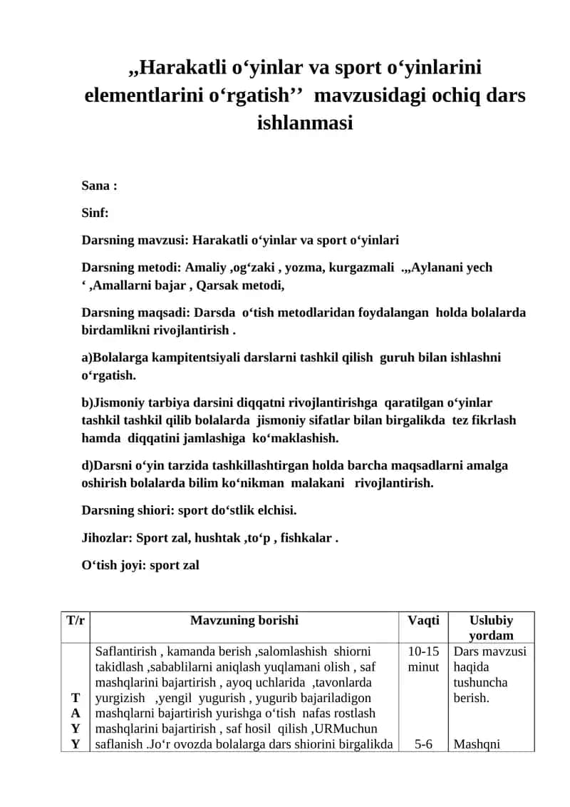 Harakatli oʻyinlar va sport oʻyinlarini elementlarini oʻrgatish 1