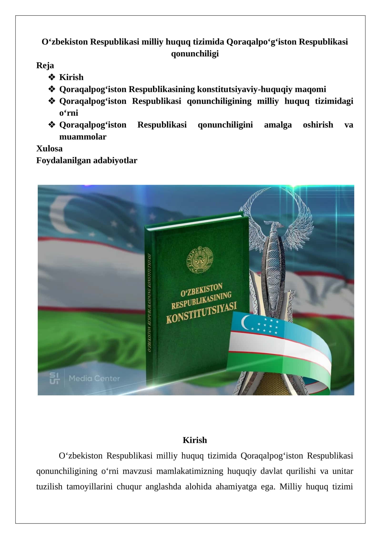 O‘zbekiston Respublikasi milliy huquq tizimida Qoraqalpo‘g‘iston Respublikasi qonunchiligi 1