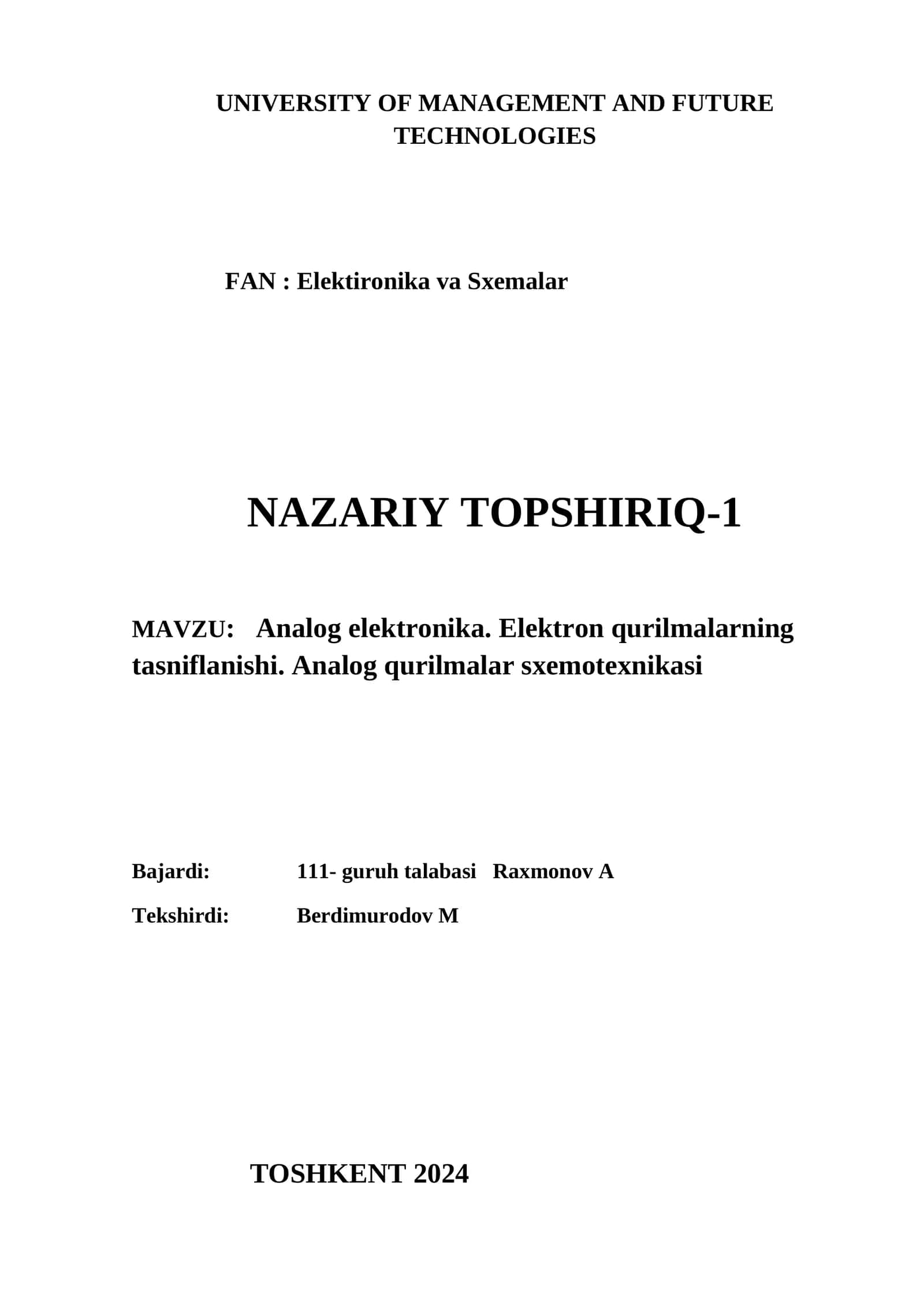 Аnalog elektronika. Elektron qurilmalarning tasniflanishi. Аnalog qurilmalar sxemotexnikasi 1