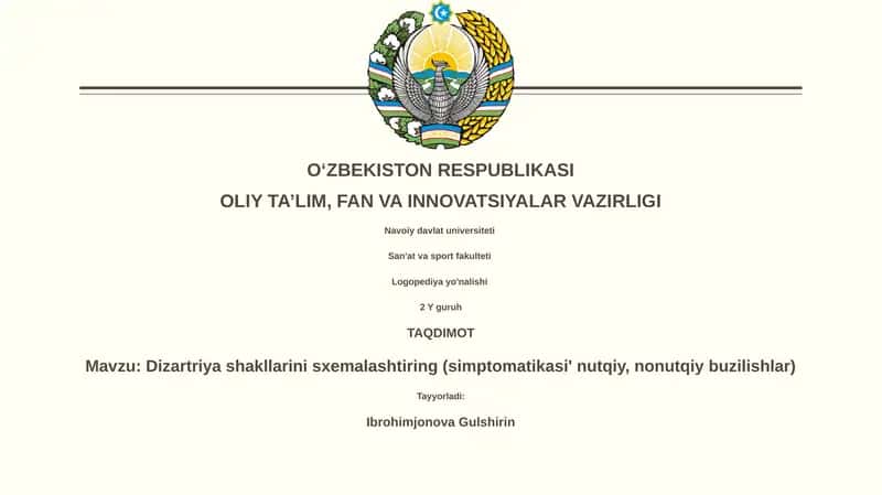 Dizartriya shakllarini sxemalashtiring (simptomatikasi' nutqiy, nonutqiy buzilishlar) 1