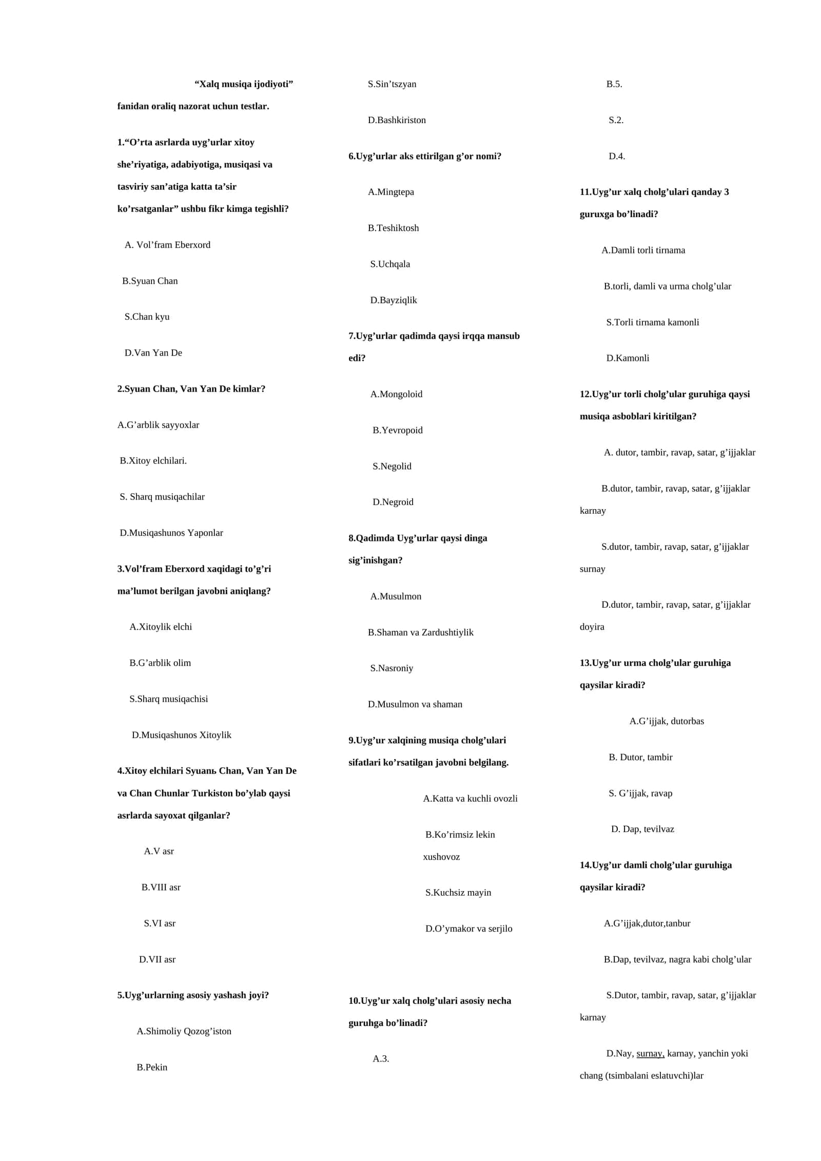 Xalq musiqa ijodiyoti fanidan oraliq nazorat uchun testlar 1