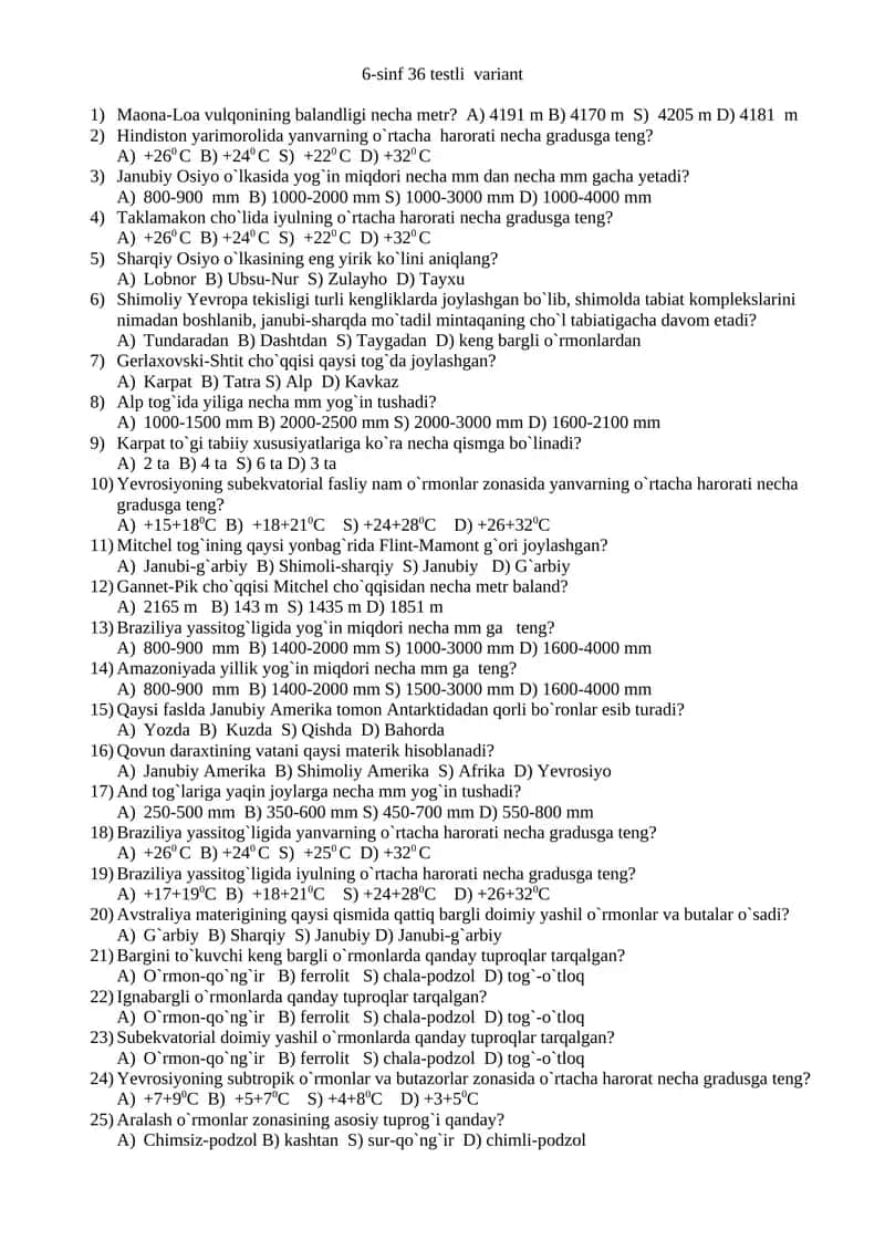 6-sinf 36 testli variant 1