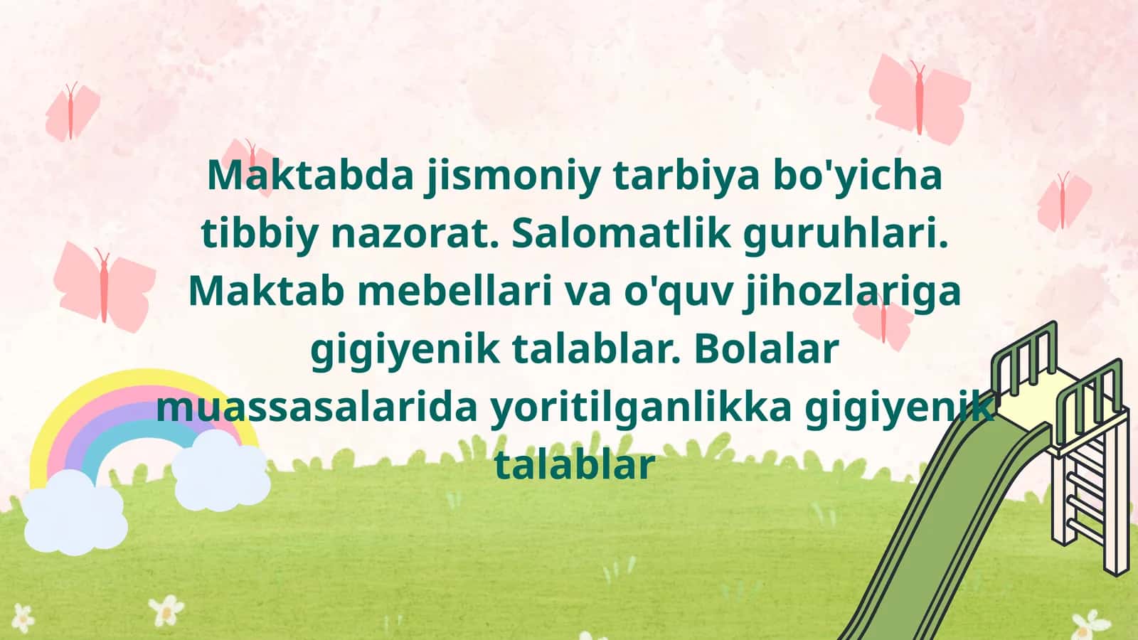 Maktabda jismoniy tarbiya bo'yicha tibbiy nazorat. Salomatlik guruhlari. Maktab mebellari va o'quv jihozlariga gigiyenik talablar. Bolalar muassasalarida yoritilganlikka gigiyenik talablar 1