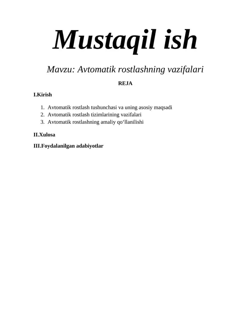 Avtomatik rostlashning vazifalari 1