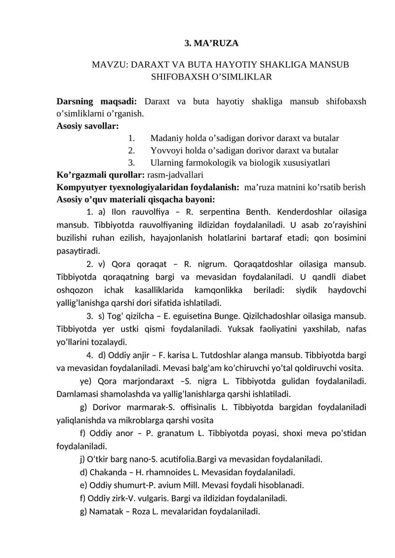 DARAXT VA BUTA HAYOTIY SHAKLIGA MANSUB SHIFOBAXSH O’SIMLIKLAR 1