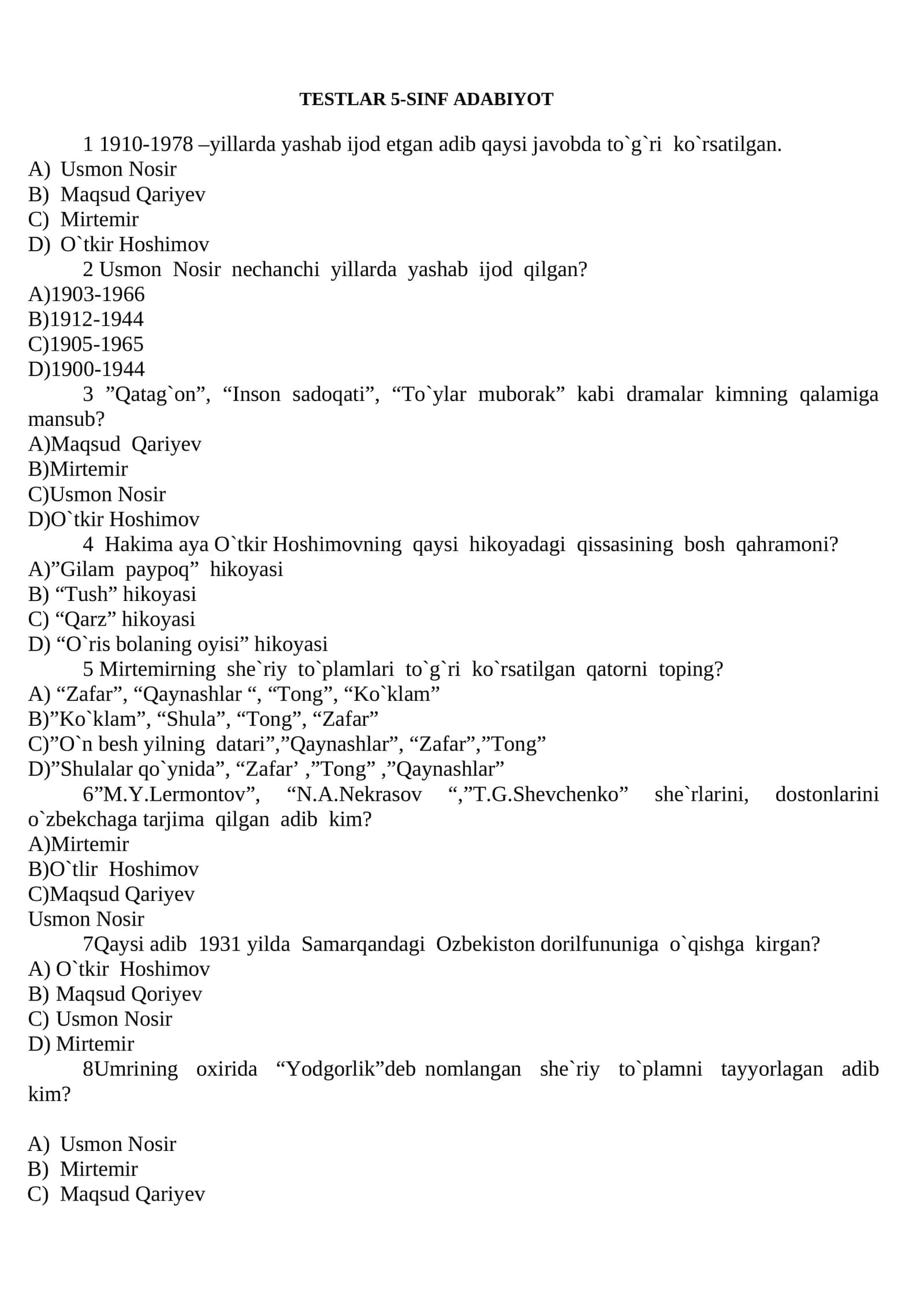 TESTLAR 5-SINF ADABIYOT 1