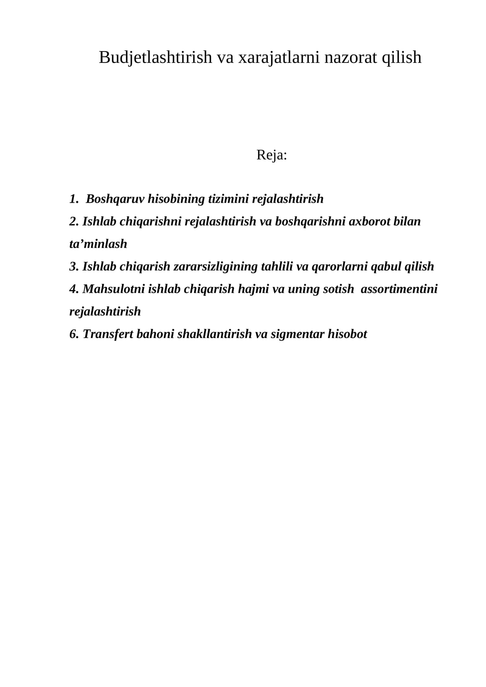 Budjetlashtirish va xarajatlarni nazorat qilish 1