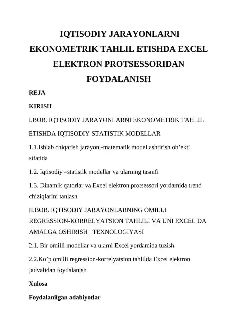 Iqtisodiy jarayonlarni ekonometrik tahlil etishda Excel elektron protsessoridan foydalanish 1