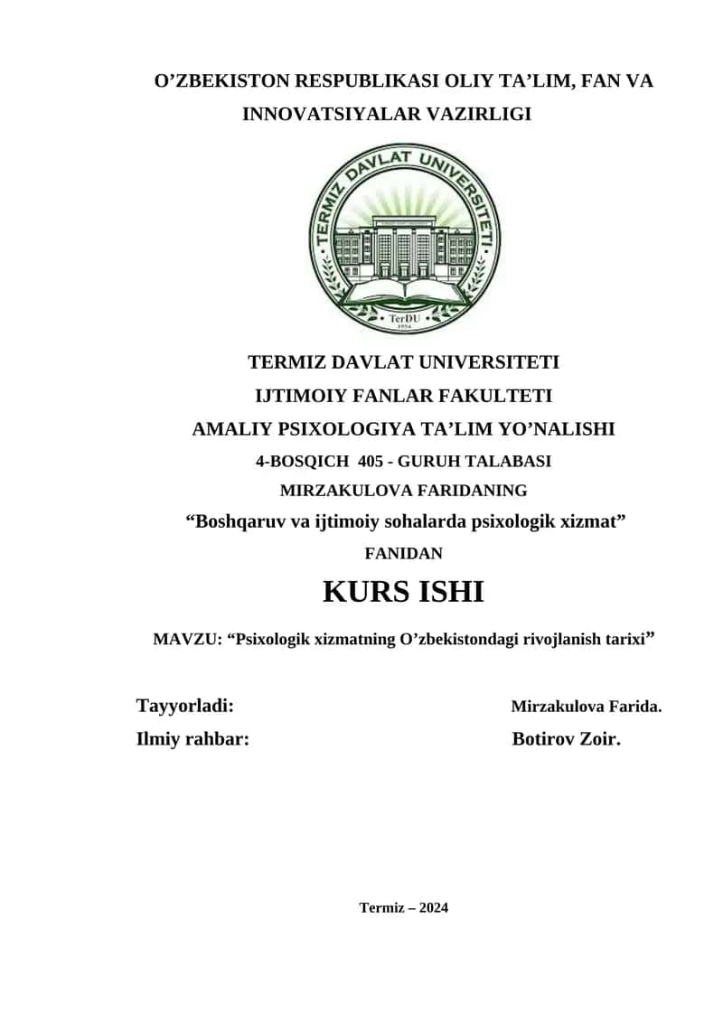Psixologik xizmatning O’zbekistondagi rivojlanish tarixi 1