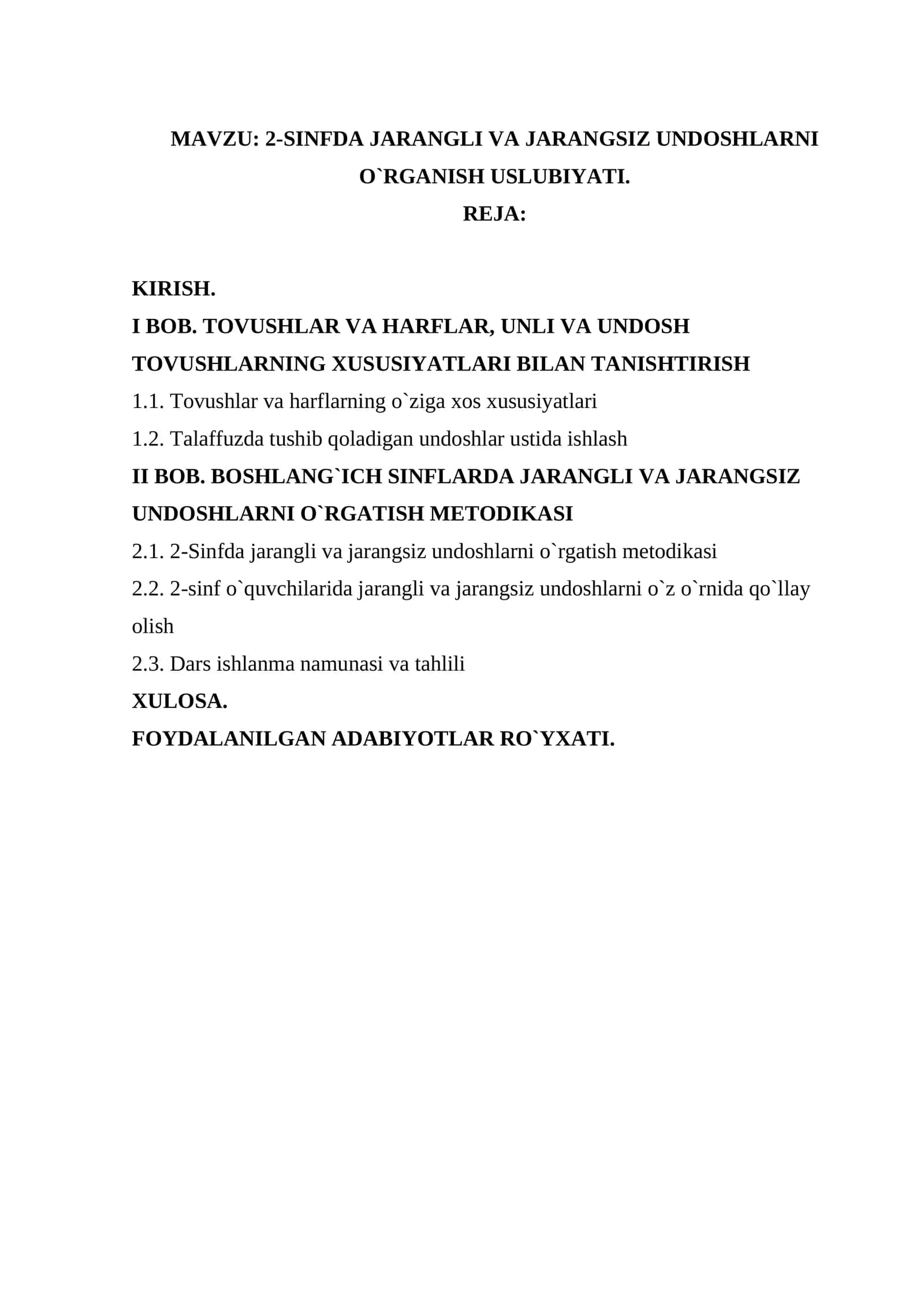 Kurs ishi: 2-SINFDA JARANGLI VA JARANGSIZ UNDOSHLARNI O`RGANISH USLUBIYATI. 1