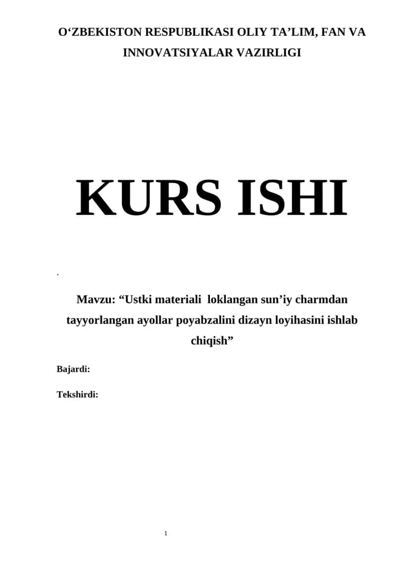 Ustki materiali  loklangan sun’iy charmdan tayyorlangan ayollar poyabzalini dizayn loyihasini ishlab  chiqish 1