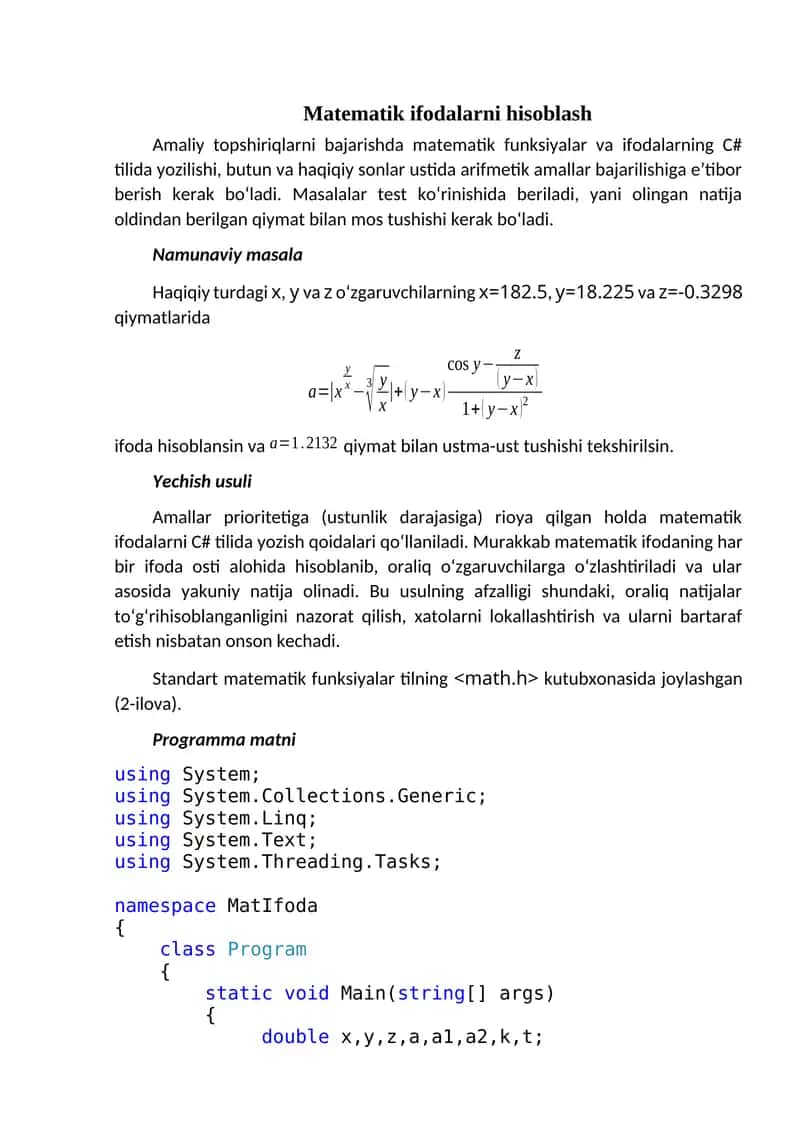 Matematik ifodalarni hisoblash 1