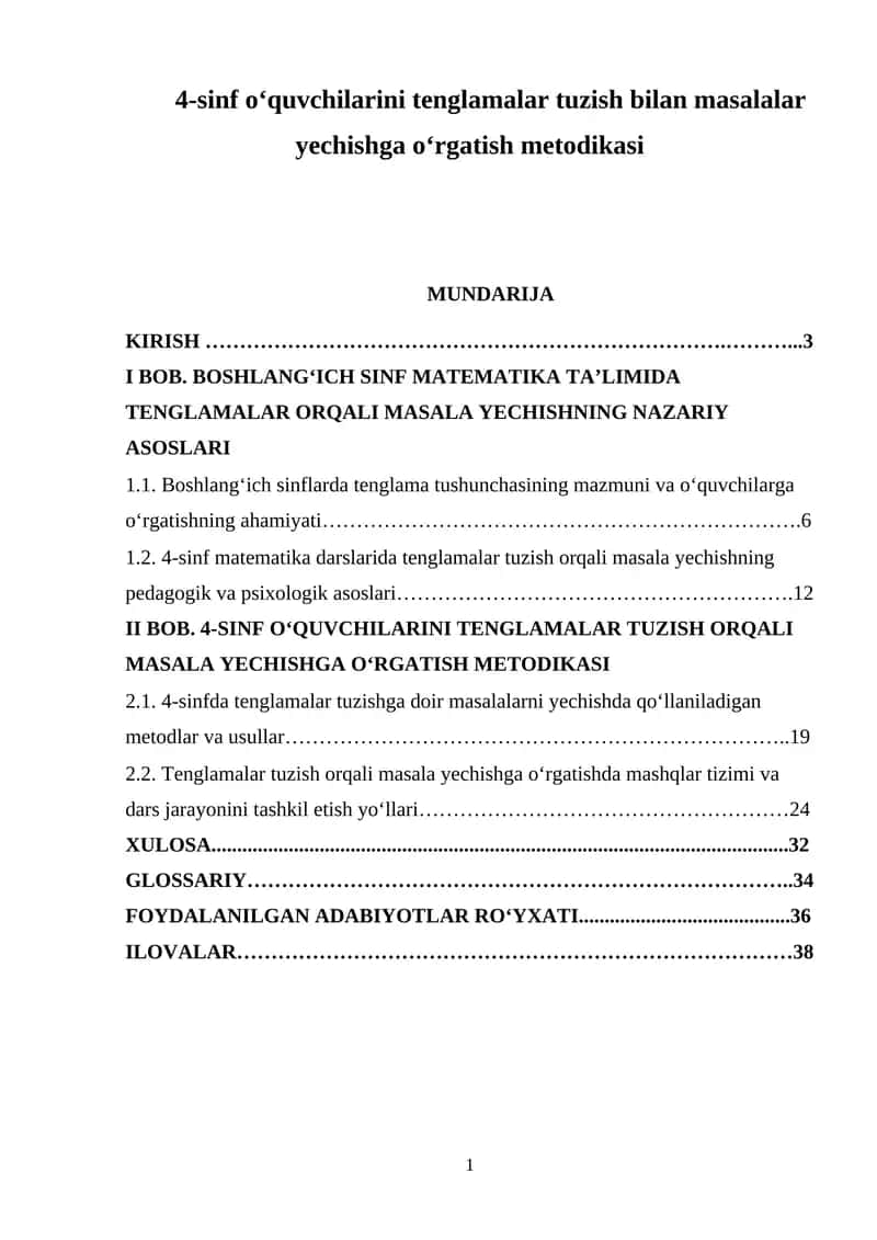 4-sinf o‘quvchilarini tenglamalar tuzish bilan masalalar yechishga o‘rgatish metodikasi 1