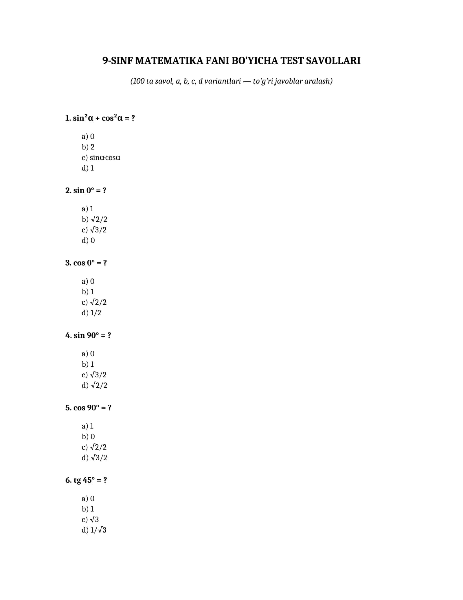 9-SINF MATEMATIKA FANI BO'YICHA TEST SAVOLLARI 1
