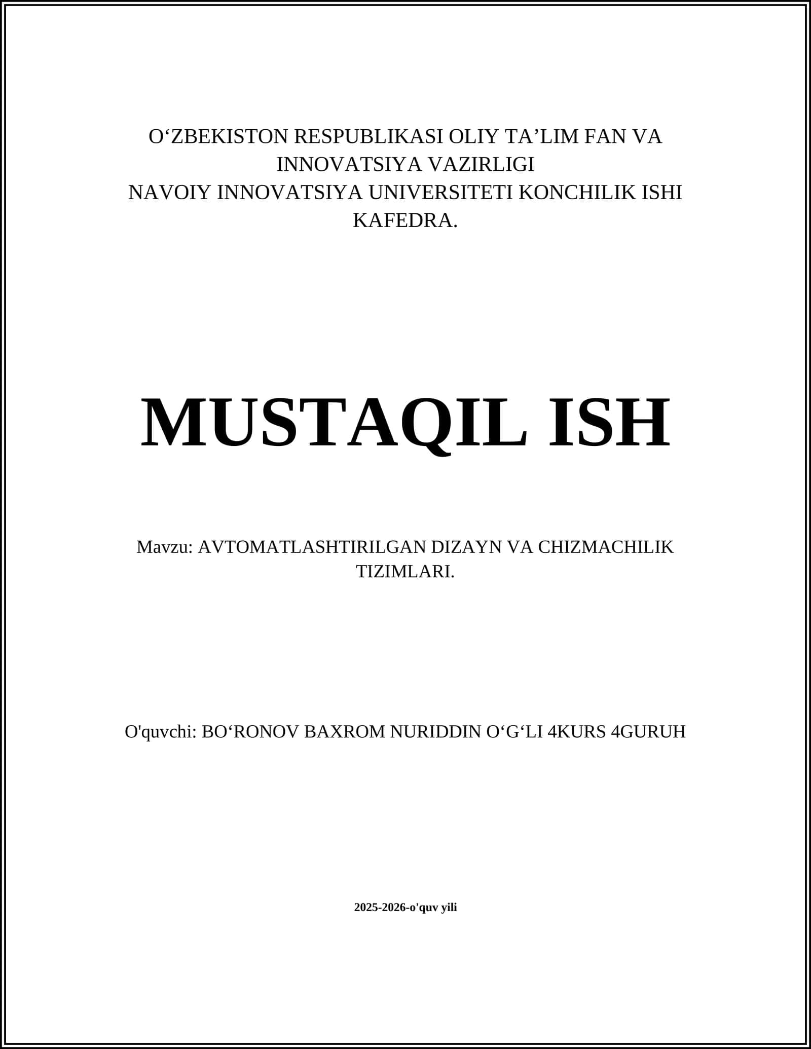 AVTOMATLASHTIRILGAN DIZAYN VA CHIZMACHILIK TIZIMLARI 1
