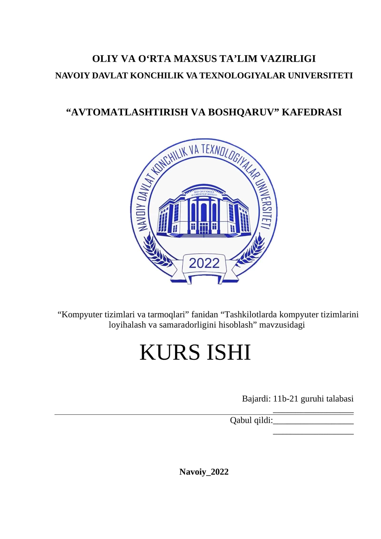 Kompyuter tizimlari va tarmoqlari KURS ISHI 1