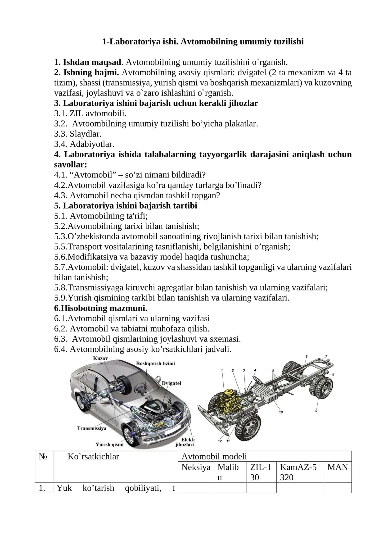Laboratoriya ishi. Avtomobilning umumiy tuzilishi 1