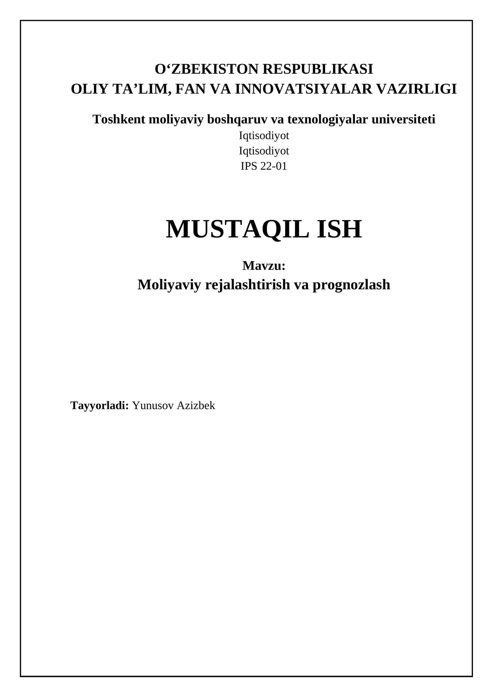 Moliyaviy rejalashtirish va prognozlash asoslari 1
