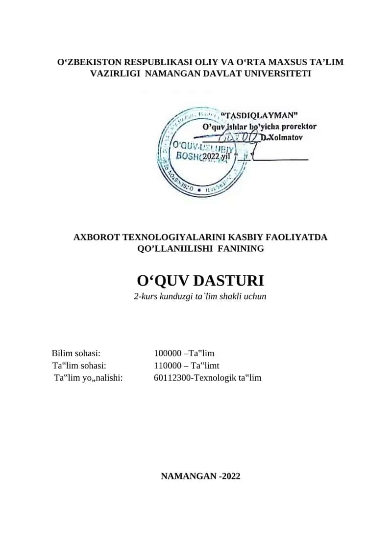 Axborot texnologiyalarini kasbiy faoliyatda qo’llanilishi 1