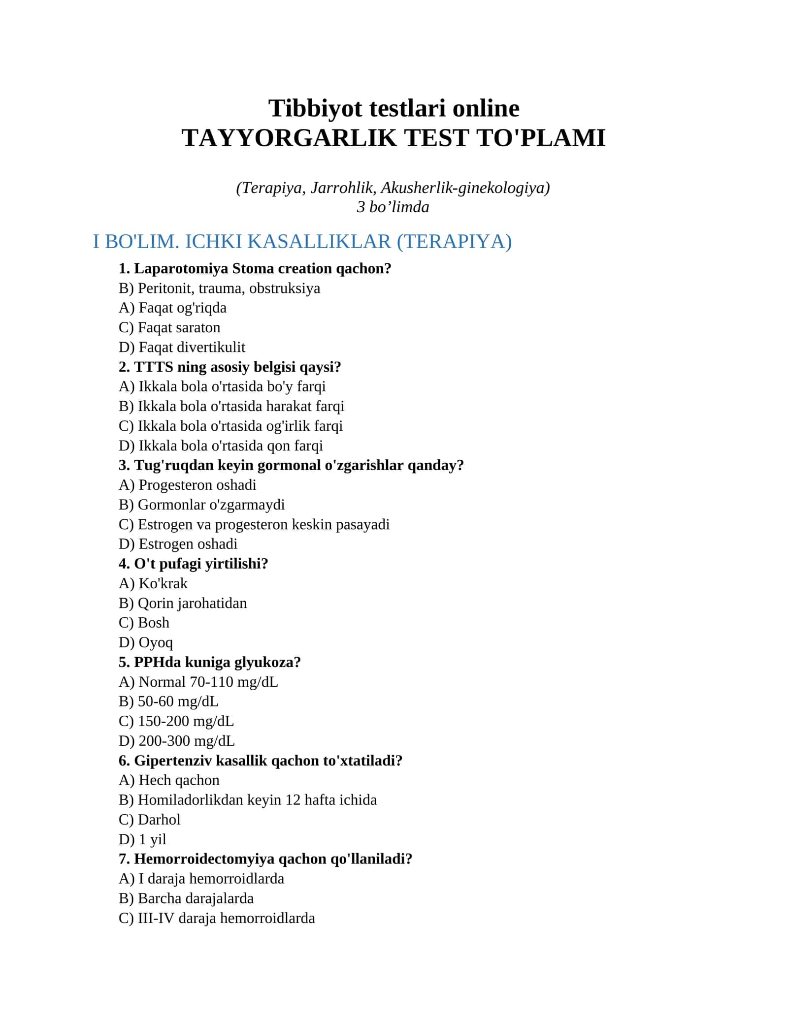 Tibbiyot testlari online 1