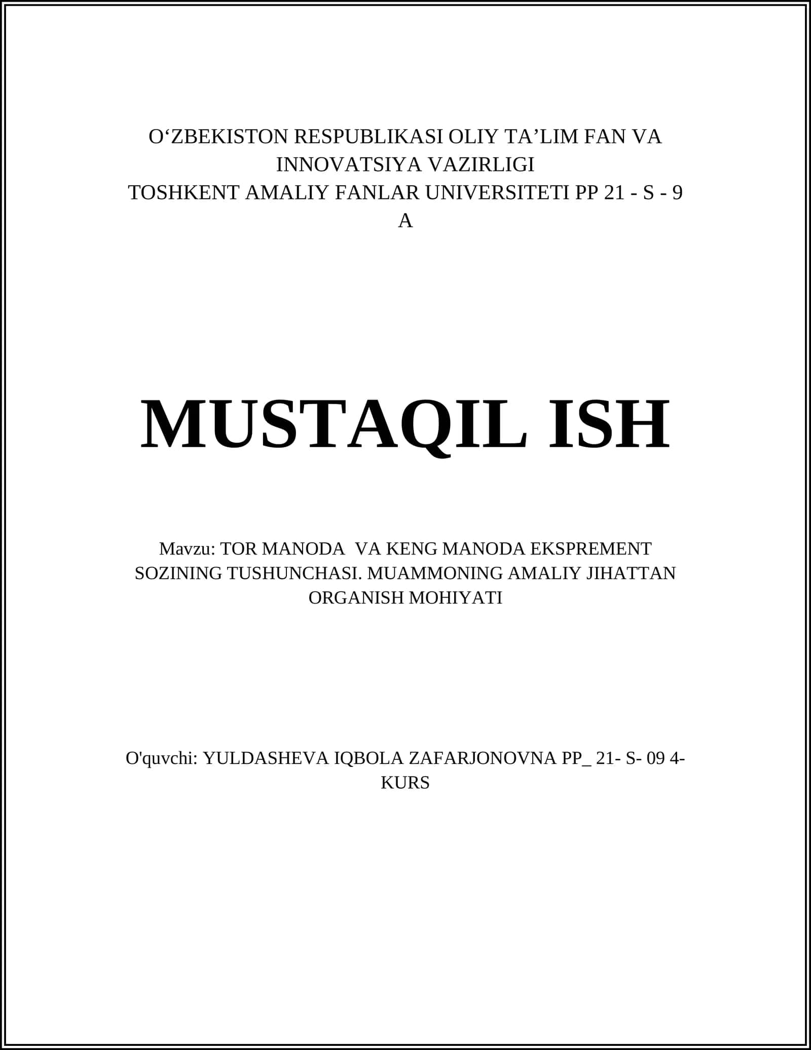 TOR MANODA VA KENG MANODA EKSPREMENT SOZINING TUSHUNCHASI. MUAMMONING AMALIY JIHATTAN ORGANISH MOHIYATI 1