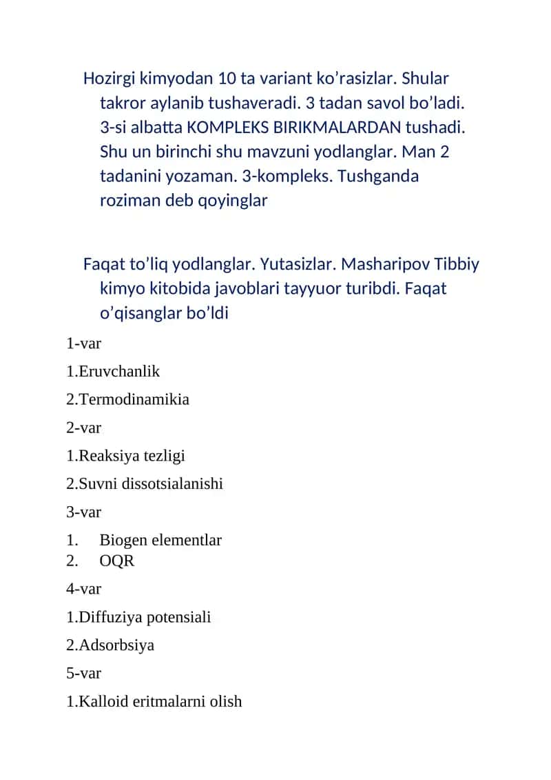 Kimyo fanini o'qituvchilari uchun test savollar to'plami 1