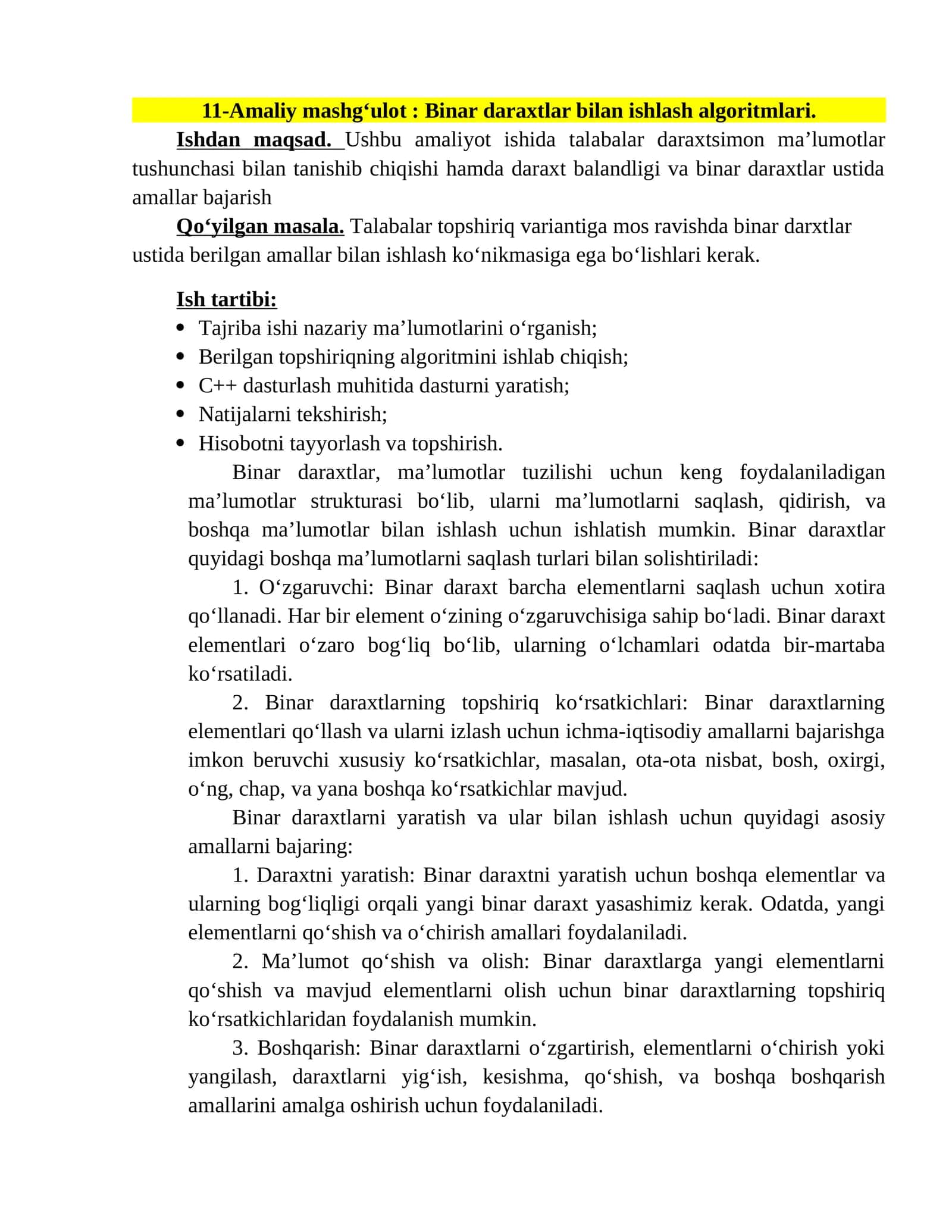 Malumotlar tuzilmasi va algoritmlash fanidan amaliy ishlar 1