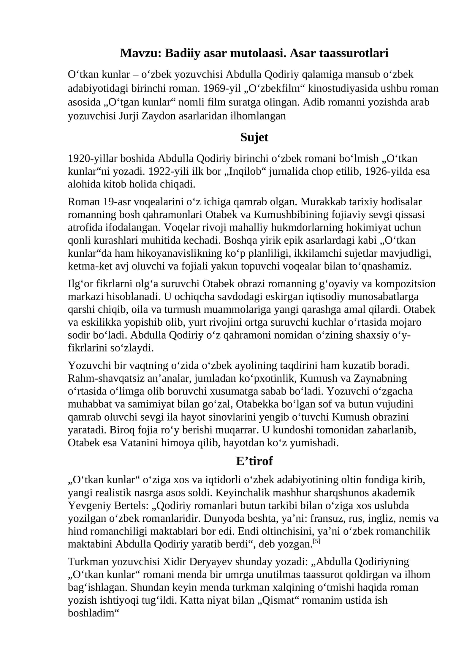 Badiiy asar mutolaasi. Asar taassurotlari 1