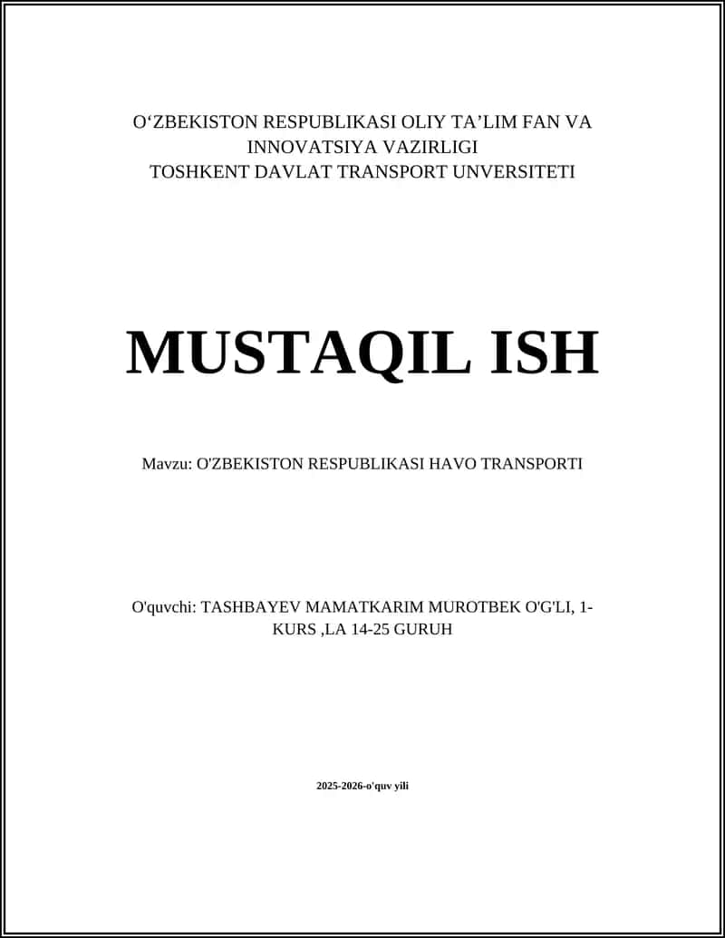 O'ZBEKISTON RESPUBLIKASI HAVO TRANSPORTI 1