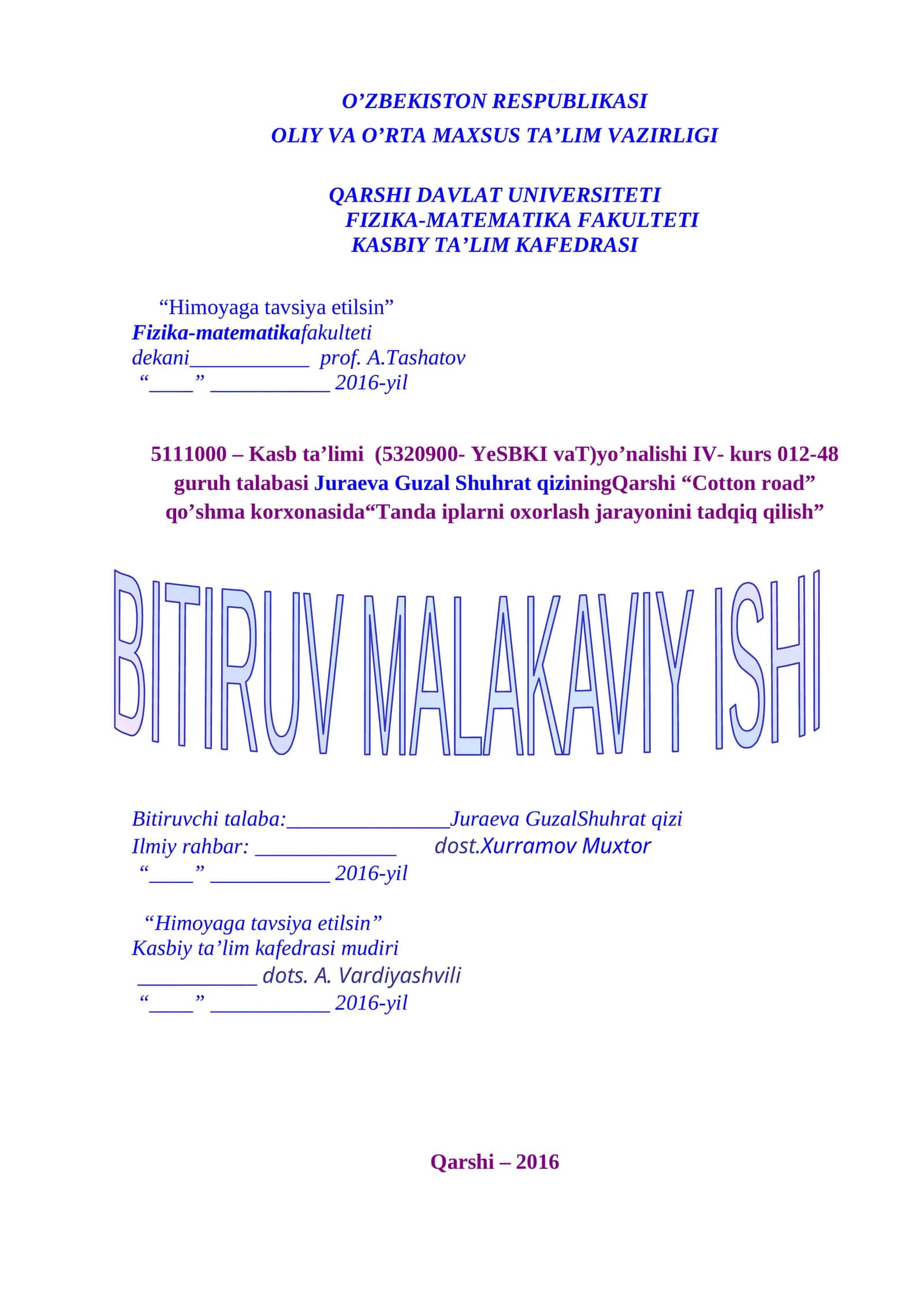Tanda iplarni oxorlash jarayonini tadqiq qilish 1