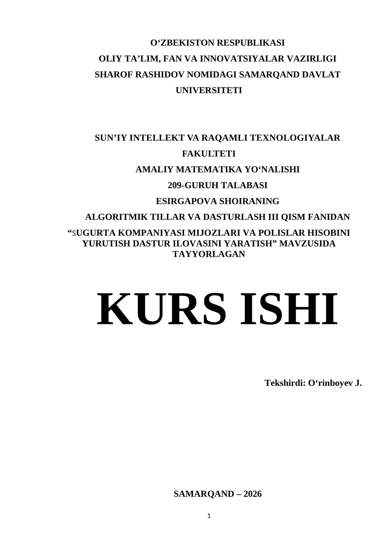 Visual Studio muhitida dasturlash | Kurs ishi - SUGURTA KOMPANIYASI MIJOZLARI VA POLISLAR HISOBINI YURUTISH 1