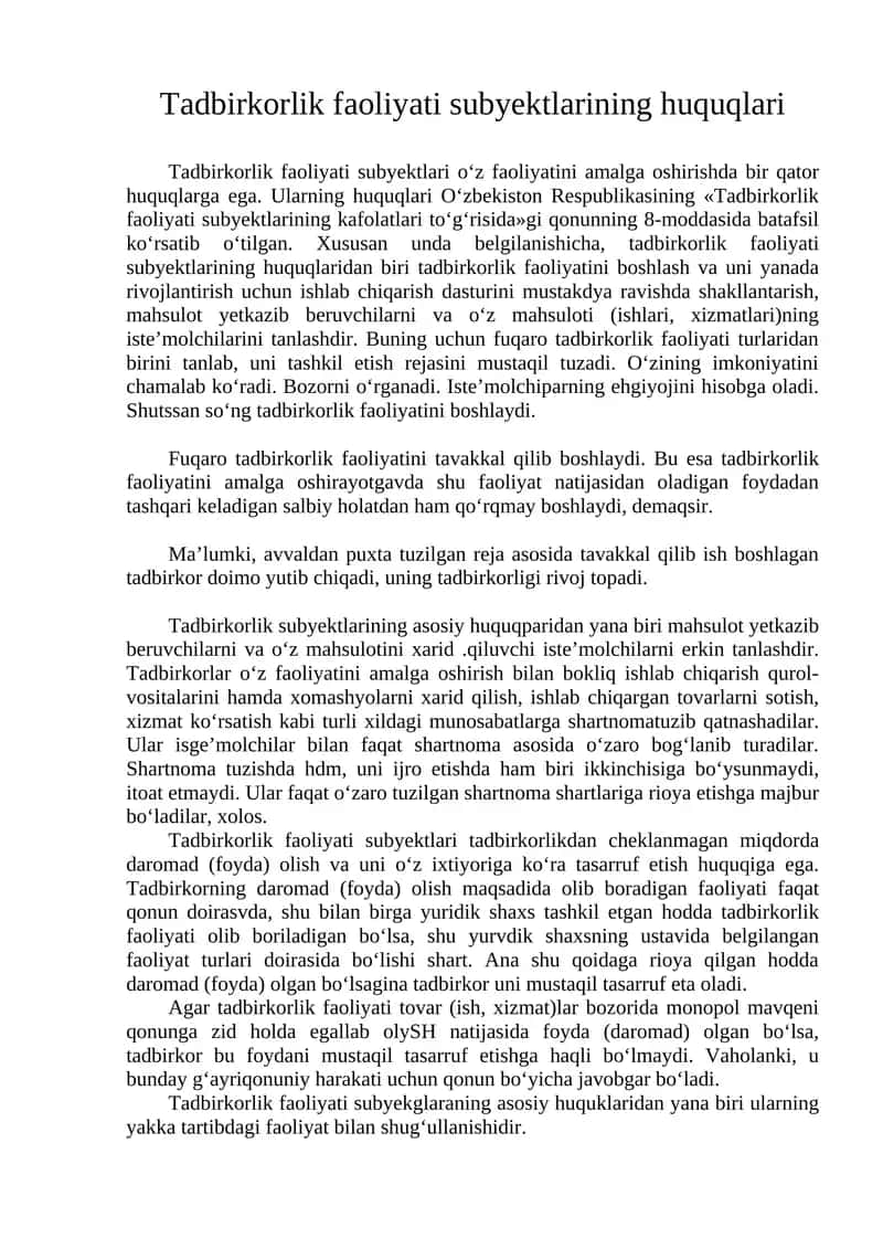 Tadbirkorlik faoliyati subyektlarining huquqlari 1