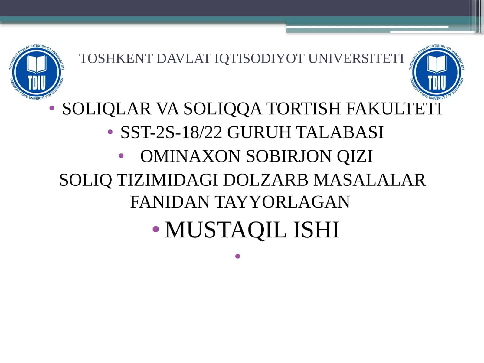 SOLIQ TIZIMIDAGI DOLZARB MASALALAR FANIDANTAYYORLAGAN 1