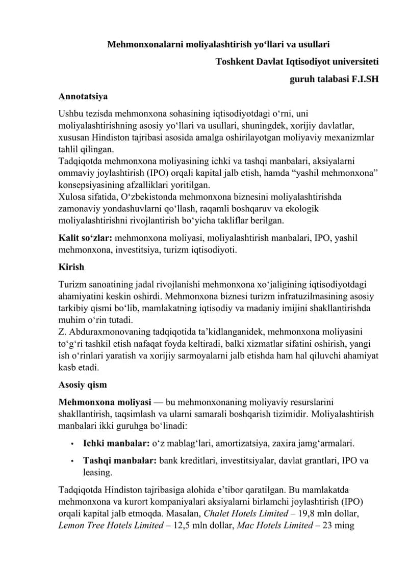 Mehmonxonalarni moliyalashtirish yo‘llari va usullari 1