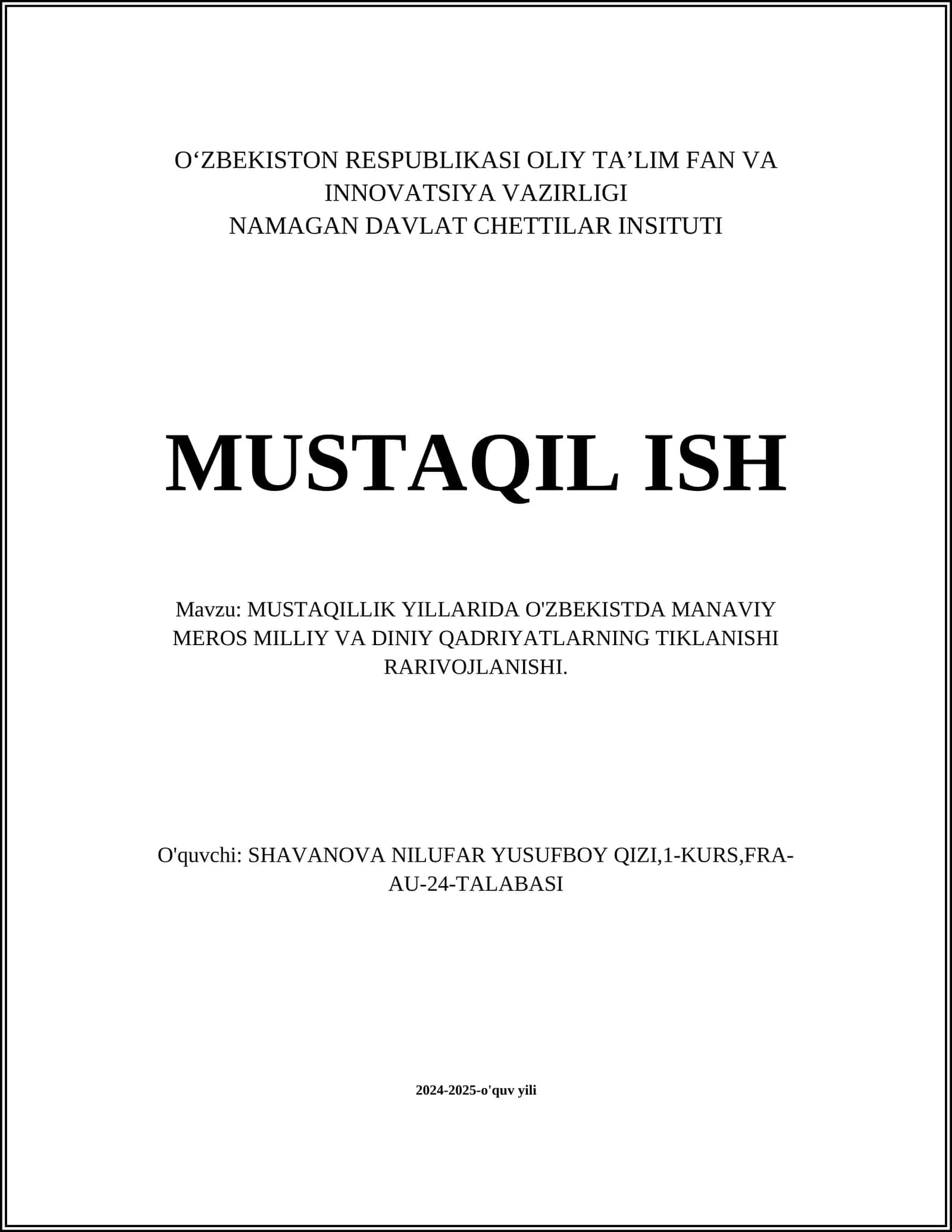 MUSTAQILLIK YILLARIDA O'ZBEKISTDA MANAVIY MEROS MILLIY VA DINIY QADRIYATLARNING TIKLANISHI RARIVOJLANISHI 1