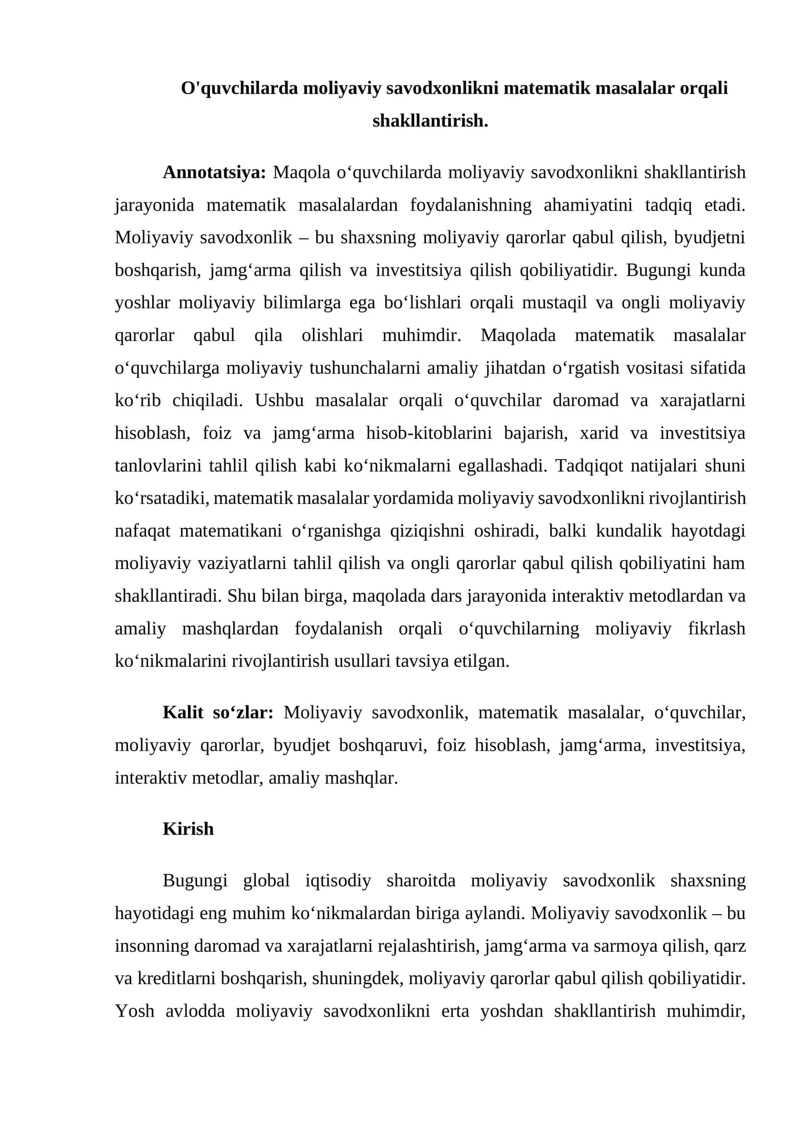 Matematik masalalar orqali moliyaviy savodxonlikni shakllantirish 1