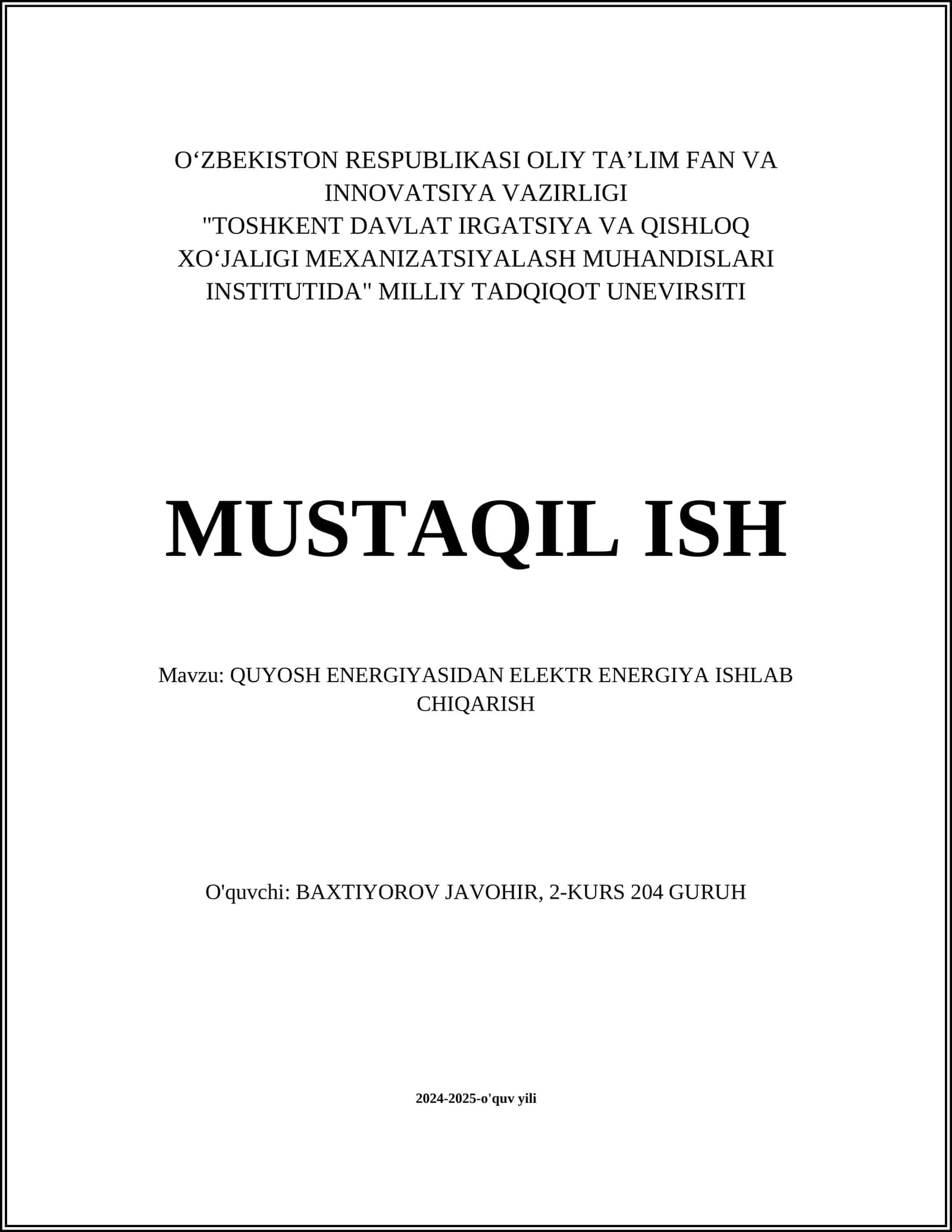 QUYOSH ENERGIYASIDAN ELEKTR ENERGIYA ISHLAB CHIQARISH 1
