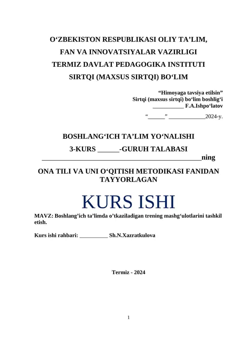 Boshlang’ich ta’limda o’tkaziladigan trening mashg‘ulotlarini tashkil etish. 1