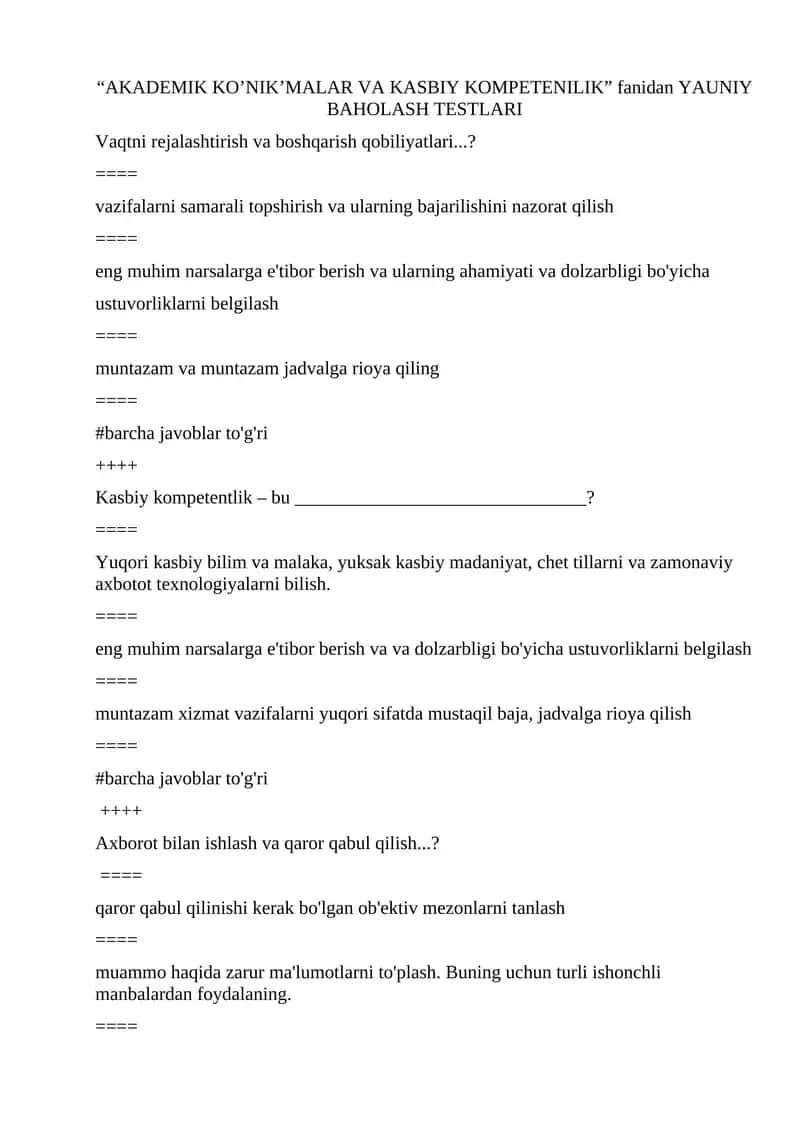 AKADEMIK KO’NIK’MALAR VA KASBIY KOMPETENILIK fanidan YAUNIY BAHOLASH TESTLARI 1