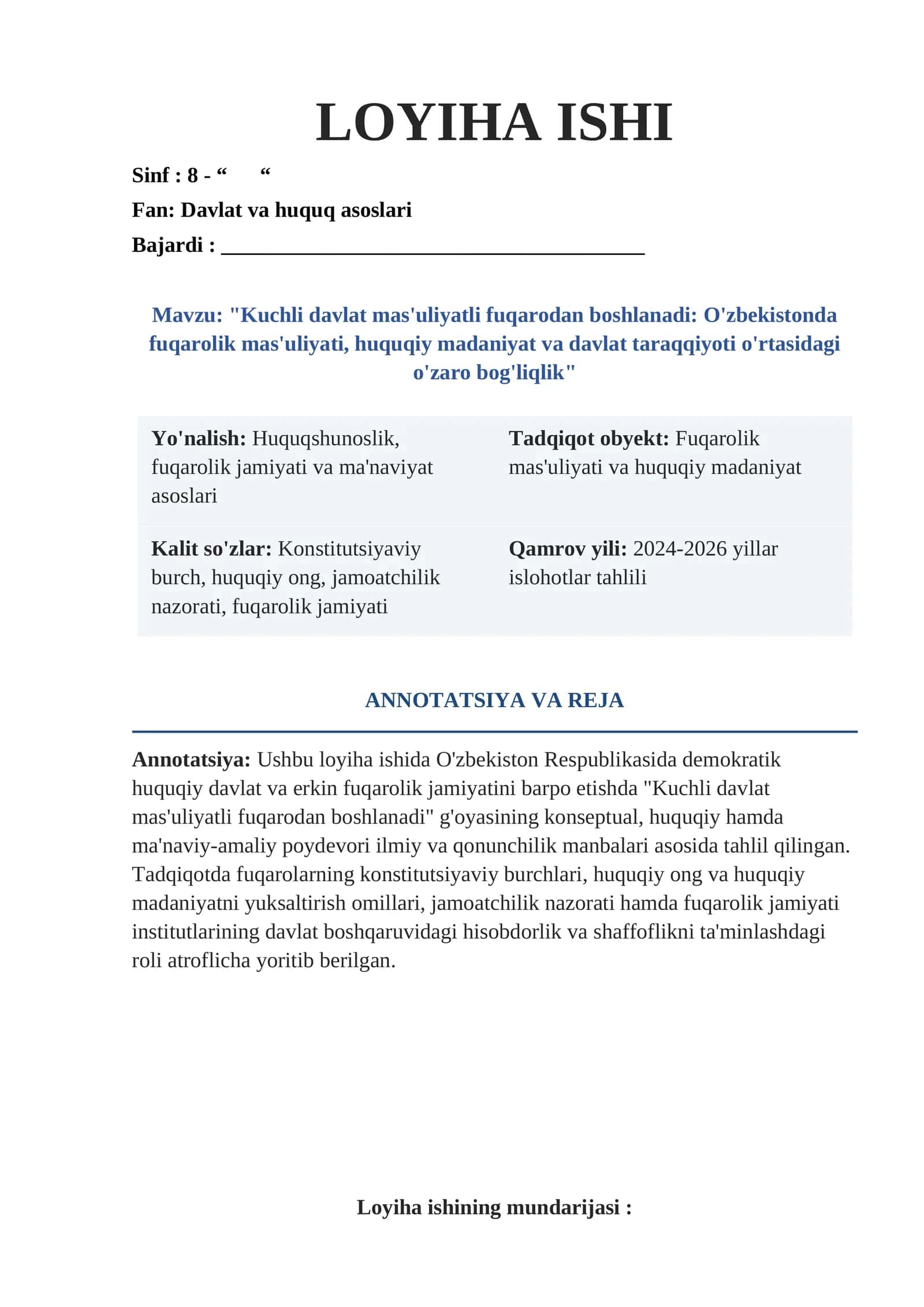 "Kuchli davlat mas'uliyatli fuqarodan boshlanadi: O'zbekistonda fuqarolik mas'uliyati, huquqiy madaniyat va davlat taraqqiyoti o'rtasidagi o'zaro bog'liqlik" 1